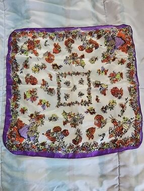 Vintage Pure Silk American MadeFloral Scenic Scarf Made 16.5" Square